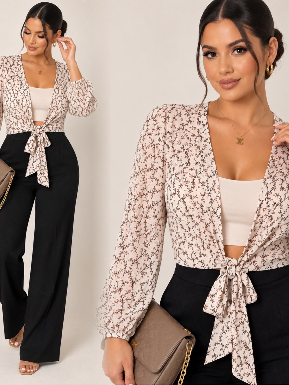 Papaya Tie-Front Floral Blouse in Cream and Brown